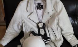 Ladies white leather jacket, chaps & white half helmet & textile riding gloves to match.
Jacket has a zip out cool weather liner & I had a zippered vent installed in the back for ventilation. Snap down collar, thick, high quality leather. Size XXL but