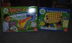These two games are in excellent condition with all parts.
 
The first game  is "Leap-in-a-Line" which has 5 ways to play and introduces colours, shapes, sizes, letter recongnition and letter sounds.
 
The second game is called "Word Launch".  It hooks up