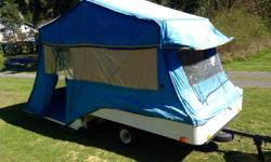 Light weight tent trailer in good condition. New tires, bearing buddies, all camping gear, awning, ready to go. Can be towed behind car, truck or suv. Easy fold out design with fibreglass body and carrying cage.