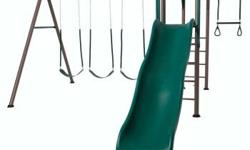 Big fun! This fully assembled set includes monkey bars, 3 belt swings, a 9' wavy slide, a trapeze bar, and a fireman's pole. Freestanding, no cement required. Each swing chain has rubber grips to prevent little fingers from being pinched, and the chain