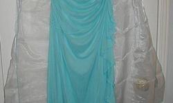 Side Frill....
As shown in picture.
Long Gown or Dress
size Medium (waist 30 - 32 inches)
Length 40 - 42 inches
Comes with a shawl.
Spaghetti straps.
 
The straight aqua blue dress has a side frill.  
Double lining.
Spaghetti straps. 
The shawl is approx.