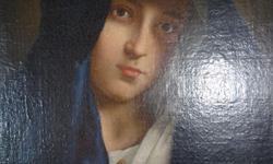 Antique MADONNA IN SORROW Oil Painting features a beautifully done copy of Giovanni Battista Salvi da Sassoferrato's original work.
Signed and dated CARLO SOLEL?( either L or T ) 1909 in ink on the bottom left of the Wood Framed back. There are other