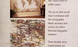 National Geographic World Executive Mural Map. Still in box, never been put up. This is a top of the line World map. I love this map however I do not have the space to put it up. Map comes in 3 panels. Mural Maps are printed on a tear-resistant, coated