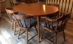 Solid maple dining room table with 6 regular chairs and 2 captain chairs. Leaf included.
Measures 60" x 42" without leaf and 78" x 42" with leaf
Free matching buffet included