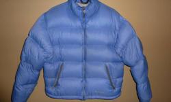 Marmot bomber-style down jacket.  Smoke free. Ladies size L; machine washable. Colour: Periwinkle (that's what they called it! It's like mauve, I guess.) Quilted and lined in grey. Elastic pull string thingy is inside one of the pockets, to make the
