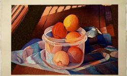 "Peaches in a Plastic Pot Wood" is the title of the amazing woodblock print. Edition 75 This print is #70/75 Certificate of authenticity states....
Hand printed 145 colour requiring 26 blocks
Image size 20 1/2 x 13 1/2 inch
Mulberry Paper (Hosho) size 24