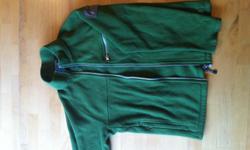 MEC Reflective Rain Jacket, size 10, red, good shape: $15 (not shown; see https://www.mec.ca/en/product/5024-085/Reflective-Rain-Jacket)
MEC fleece jacket, size 8, green, used condition: $5