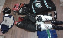 Hockey gear for med sized man; 14 pieces and gear bag. Owned 6 months and decided not to play any more. Needs new socks, and right hand glove worn thru, otherwise lightly used. Call Reed