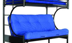 REDUCED:
Features:
-Twin over Full futon
-C-shaped frame design with built-in ladder
-Powder-Coated Black Paint Finish
- Twin top bunk
-Bottom Full Size Futon Bed/Sofa
-Durable Metal Construction
-Welded Slat System For Mattress Support
- Mattresses not