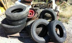 I have pairs of misc. car and truck tires. most are 15" tires, there are two 16.5 truck tires. a pair of 31x10.5x15.
Pairs of tires available
205/70/15
225/70/15
225/75/14
195/65/15 
 
There are a few sets of 15" rims.
set of 4 brand new crager 15" steel
