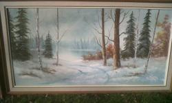 I have a number of original, oil on canvas paintings available. Be certain to check put my other ads!
 
Another stunning landscape painting!
Original Oil on Canvas
Brilliant snowy forest and frozen lake, signed by artist:  C. Parker
In a wonderful vintage