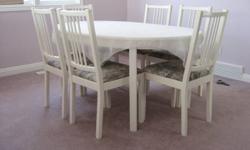 -IKEA white dining room table (38"x60" with 21"leaf) and 6 matching covered chairs very good condition- $295.00 OBO
-Hideabed, double, navy with extra cushions, fair condition - $20.00 OBO
-Hitachi TV, 32" pic in pic (excellent picture) and white stand