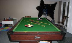 For Sale:
 
National Pool Table 4.5' X 9'  1.5" slate
~ Great shape
~Includes 2 sets of balls (one regular and one specialized pearl) and number of chalks
~Also includes 4 cues, rack, and a reach in top shape. The cues are like new!
~I will even throw in