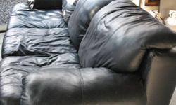 A great price!! Dark navy blue leather couch,seats three. The couch is in fair condition with some wear on one arm and on the back where you can not see. We have to SELL it as it has been sitting in the garage all summer. Thank you for looking