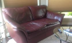 100% genuine leather burgundy/wine coloured loveseat in very good condition. No scratches or marks or fading.
Measurements are approximate:
68" wide from side to side
35" at the highest point
39" deep from front to back
Pick-up only.
Cash only, please.