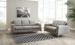 Brand New Ryler Steel Sofa Collection on Sale
Soft Grey Fabric that has Leather Qualities
Track Arms with Chrome Accent Feet
Sofa on Sale for 689
Matching Loveseat, Chair and Ottoman Also on Sale
Like Us on Facebook...
Come in and Check it out at:
Next