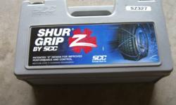 Shure Grip SZ327 tire cables/chains.
 
Sold car, new condition, just put on for 100 m to try out.
 
Fits 12, 13, 14, 15, 16 and 17 inch tires.  Please check picture for tire sizes.
 
$70 new, asking $50.