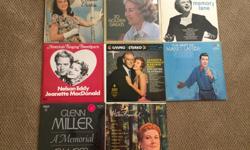 8 Long Play Records with great old classics and wartime songs, Big Band, and Opera style.
Deanna Durbin
Vera Lynn
Kate Smith
Nelson Eddy & Jeanette MacDonald
Mario Lanza
Glenn Miller
Helen Traubel