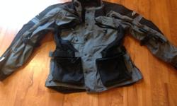 Very good shape, rarely worn Olympia armoured riding jacket with liner. Size 2XL but fits smaller. Very comfortable and warm. Lots of pockets and adjustments. Weatherproof and very easy to clean. Very protective jacket.