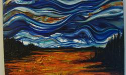Acrylic on canvas, 12"x16"x1/2", landscape painting reminiscent of Van Gogh. Sides painted, professionally finished.