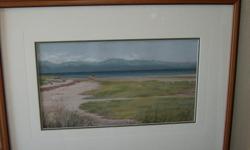 An original by Beverley H. Robb of Eastern Van. Isle looking towards the mainland. Nice med. dark wood frame- 25"x 18" overall, artwork is 16" x 9". An excellent example of West Coast art.