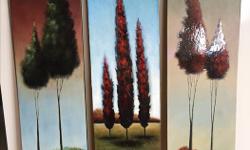 3 original oil paintings with textured backgrounds and art resin on trees. Canvas stretched on wood frames. Each measures 149 cm H x 35 cm L (58 3/4 " x 13 13/16"). $100 each or $275 for set of three.