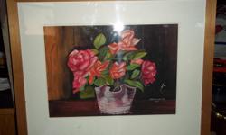 Original, signed water colour from a B.C. artist roses in a vase, nicely matted > Size: 16" by 19"