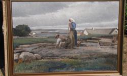 Oil on canvas 31.5" x 46" approx.
Valentinussen - danish (1903-1985) listed artist autodidact and a member of the group of painters "Nordjydske
malere" (Painters from North Jutland)His main motif is the life of common people at the West Coast and
north of