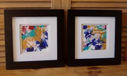 2- 10" square black framed, bright, vibrant colours, 5" actual paintings