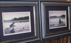 11 1/2" x 14" Blue, wood framed prints of children fishing and duck admiring on a dock. Artist- M.G. Smith