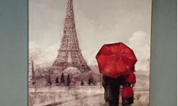 Paris painting, colors are mostly greys with red accents. Print on canvas, originally purchased from Michaels. 23"w x 35" h
