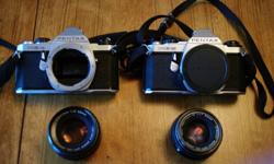 2 Pentax ME Super 35mm Cameras.
One is working, one is not. Can be used for parts.
Also includes Pentax SMC 55mm 1:2 lens and Pentax SMC 50mm 1:1.7 lens.
Both can be used on any Pentax K series DSLR
Asking $60 for the lot, but will sell lenses separately