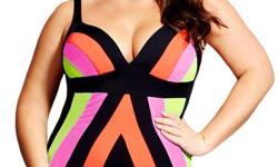 Plus size multicolor onepiece swimsuit, padded cups This sports luxe inspired multicolor design features a soft contour padded cups that shape the bust, adjustable shoulder straps, and control lining front that smooths the body and slims the silhouette.