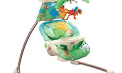 Two swinging motions. Back to back and side to side.
Weight limit: 25lbs.
Great condition, only one of the toys doesn?t move.
Baby takes a relaxing swing (side-to-side or front-to-back) as she watches plush rainforest friends in the mobile above play