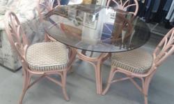 This is a rattan table with a glass top and 4 rattan chairs. The condition of the set is in fair to good shape (the chairs could be re-upholstered and the rattan repainted.) A good set for the patio or the kitchen.
Asking $118.00
Located at
Red's