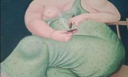 Lady in green sitting on a stool smoking cigar with one boob exposure with green back ground . also its signed and dated. painted on canvas ... would be great to hang on a wall of a smoke/ cigar shop...... please only text or email.