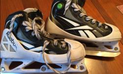 Reebok 7K Pump Junior Goalie Skates, size 4, in great condition.
Used in first year Atom, age 9 (my son is on the tall side)