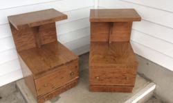 retro matching night tables, wooden with a veneer, drawers open and close easy, both pieces are very solid but in need of a make over (veneer is peeling in some places), measure 16 X 17" deep, very top piece is at 28 1/2" tall, and middle shelf is at 15"