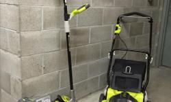 Ryobi 40 volt cordless electric mower and trimmer. Used 1 summer, always cleaned and stored indoors. Could edge AND mow small city property on 1 battery. Purchased from Home Depot. Moved from house to condo - no longer needed.
Mower height adjustable,