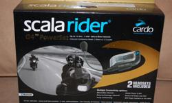 Cardo Scala Rider "G4 " #1 wireless communication system for motorcycle helmets. Bluetooth. 2-Factory Paired G4 Units in one box. Full intercom bike-to-bike. 8-10 hours radio time. Up to 1.6 Km distance. Talk time between charges up to 10 hours. Corded