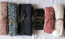 All scarves are hand made - knit or crocheted.  Various lengths and colors, the ones available are the ones shown.
 
Located in Medicine Hat, AB.  Can ship for addition shipping cost. Will provide shipping quote prior.  Will ship after total cost received