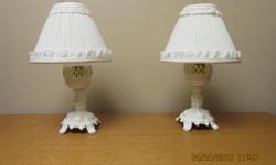 Bedside lamps (glass hurricane inset), 15" high, creme shades, takes 40 watt bulb
Good condition
