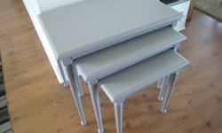 Nesting Tables are in great condition. Painted designer grey.
Dimensions:
Large table... 22" high x 24" long x 15 3/4" deep
Medium ... 19 1/2" high x 19 1/2" long x 14 1/2 deep
Small... 17 1/4" high x 15 1/4" long x 12 3/4" deep
Asking $120
For more info