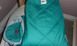 MEC Intrepid Traveller 15-22 . Insulated with Hydroloft Eco. Shell is polyester and nylon. Full length, 2-way zip that converts to a comforter that's warmer on one side. See exact same product on MEC's website for $80+. This particular sleeping bag is