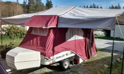 *LEESURE LITE* Tent Trailer REDUCED Price -- designed to be towed with motorcycle or small car. Perfect for two/three/four wheels, 255 lbs, 17 lbs tongue weight, 54" wide model. Lightweight trailer with Burgundy canvas in excellent condition that sets up