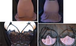 Coquette strappy babydoll/chemise. Size small. Beautiful black lace and sheer purple mesh with shimmering detailing! Fun strappy design. Underwire and unpadded cups. *May have light pilling from normal wear and wrinkling from storage. $10
Please let me