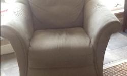 Canadian made by Flexsteel sofa and matching loveseat, gently used, neutral shades. Swivel chair, bucket style, pale green.