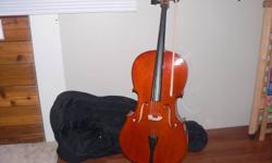 brand new cello. full size. never used. comes with soft case and brand new horsehair bow. full back. Never played. Bought to learn to play and never had time. Sold as is.