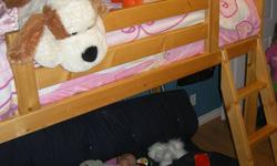 Kids single bunk bed, solid pine by Canwood. Ladder can go on either end. EXCELLENT SHAPE.  Has Futon frame below.  MATTRESSES NOT INCLUDED.