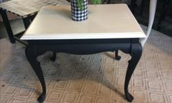 This is a solid wood side table painted a matte black top with soft white slightly distressed legs. Simply a lovely piece of furniture.
Email or text 2506861304 or come by my little pop up store on Dec 1 and 2 from 12-4 at 1283 Queensbury ave.